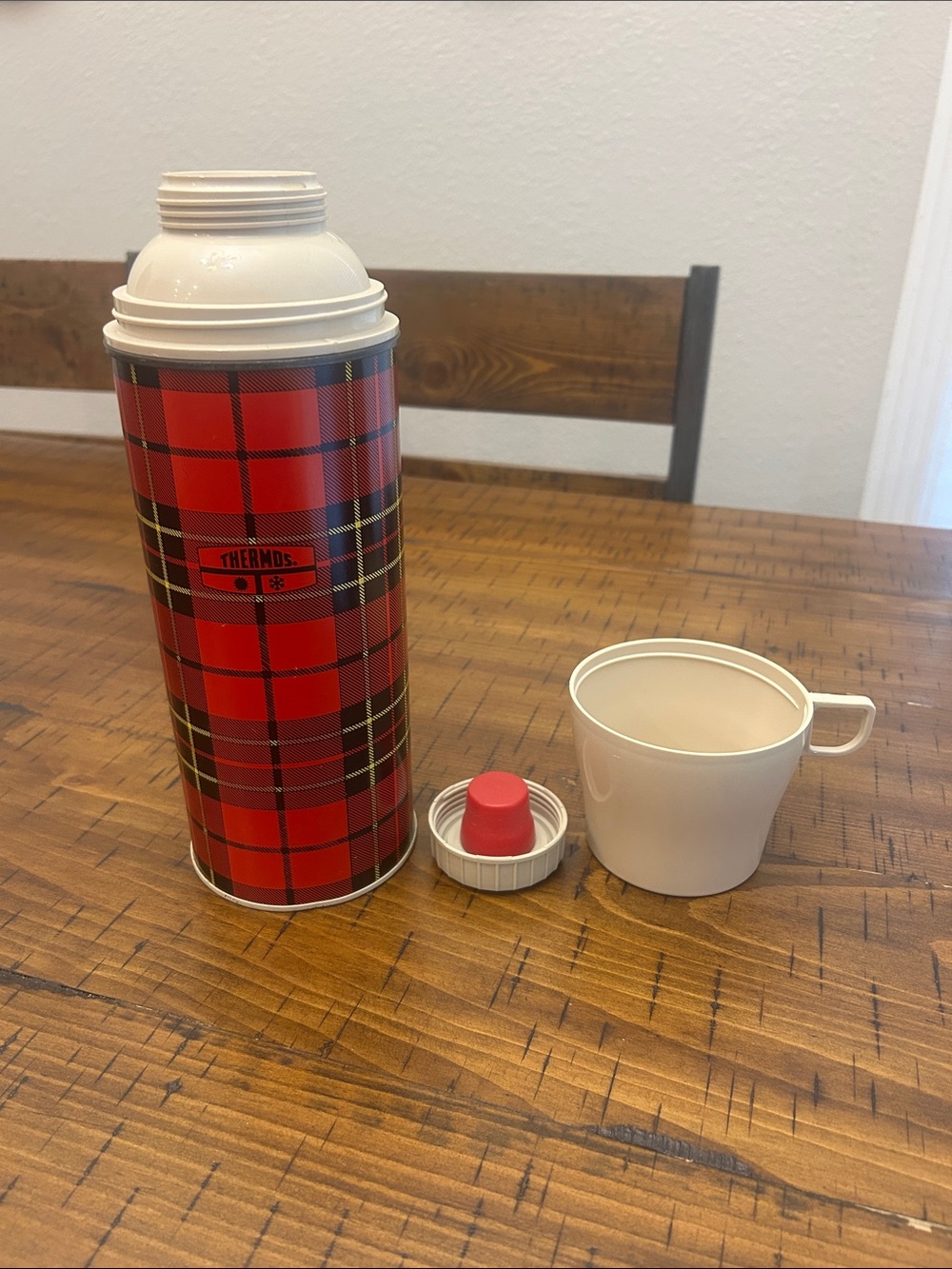 Vgt Thermos Red Plaid Vacuum Bottle with tan Cup.